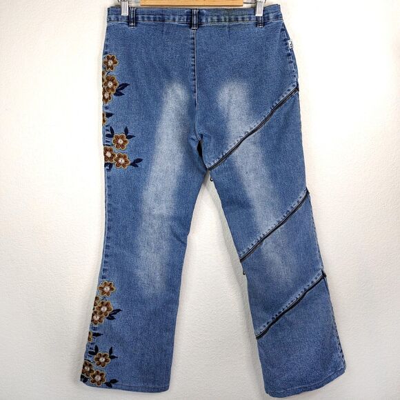 VTG 90s Y2K Mid-Rise Embroidered Floral Overlap Zipper Flare Crop Jeans Denim 30 - Picture 6 of 12